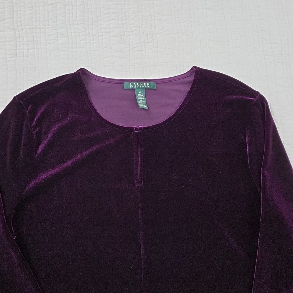 Lauren Ralph Lauren Blouse Womens XL Purple Velvet Velour Tunic Top Green Label - Picture 6 of 16